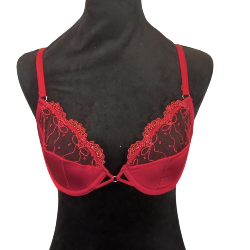 Savage X Fenty Romantic Goth Dark Coquette Bra 34C Red Ribbon Lace Underwire